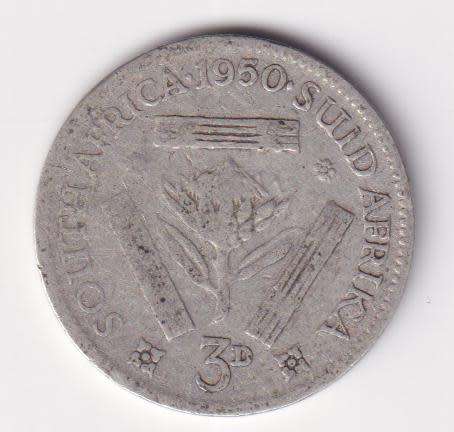 UNION OF SOUTH AFRICA 1950  TICKEY 3 PENCE (SILVER)  KM35.1
