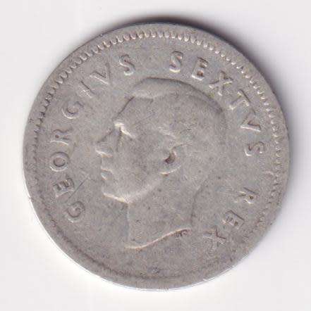 UNION OF SOUTH AFRICA 1950  TICKEY 3 PENCE (SILVER)  KM35.1