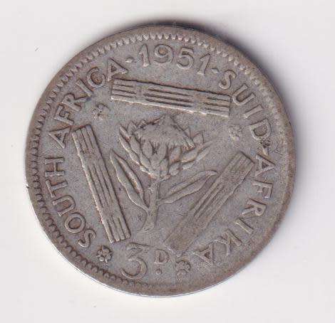 UNION OF SOUTH AFRICA 1951  TICKEY 3 PENCE (SILVER)  KM35.2