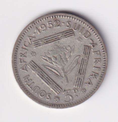 UNION OF SOUTH AFRICA 1952  TICKEY 3 PENCE (SILVER)  KM35.2