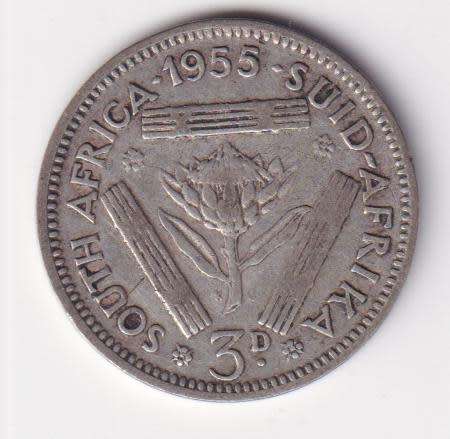 UNION OF SOUTH AFRICA 1955  TICKEY 3 PENCE (SILVER)  KM47