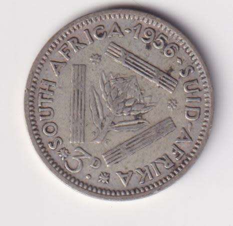 UNION OF SOUTH AFRICA 1956  TICKEY 3 PENCE (SILVER)  KM47