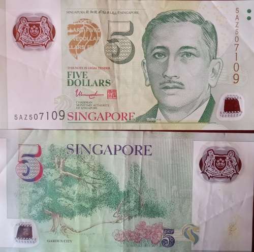 SINGAPORE 5 DOLLARS POLYMER VF