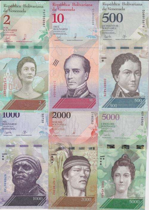 SPECIAL!!!   6 VENEZUELA BANKNOTES VARIOUS  2-5000 BOLIVARS 2017/2018 UNC