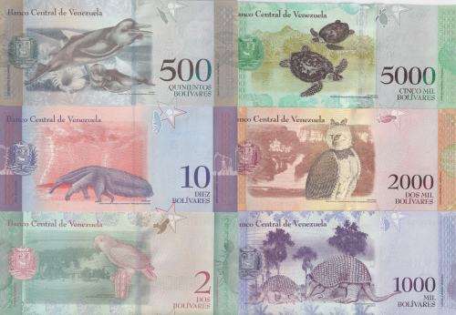 SPECIAL!!!   6 VENEZUELA BANKNOTES VARIOUS  2-5000 BOLIVARS 2017/2018 UNC