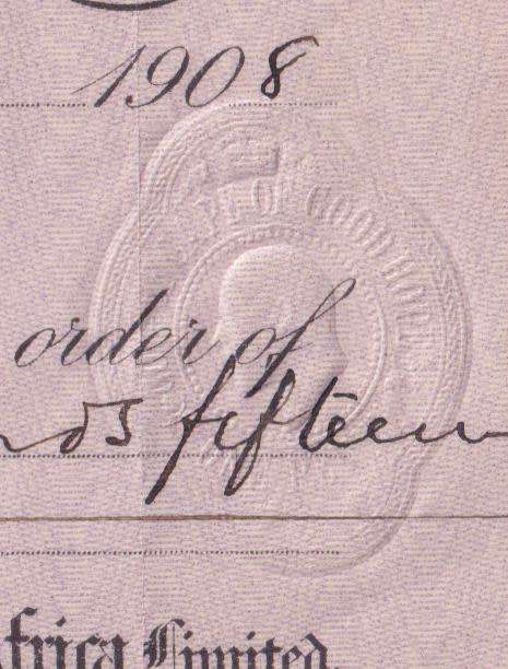 CAPE OF GOOD HOPE-EDWARD VII 1d EMBOSSED USED ON CHEQUE - 1 FEBRUARY 1908 - SEE SCANS