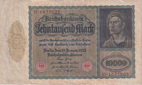 GERMANY 10,000 MARK REICHSBANKNOTE 1922 P71 VF (USED)