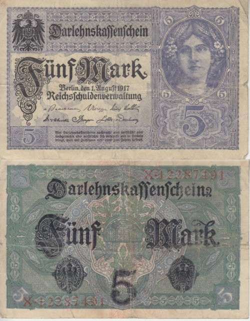 GERMANY 5 MARK REICHSBANKNOTE 1917 P56 VF (USED)