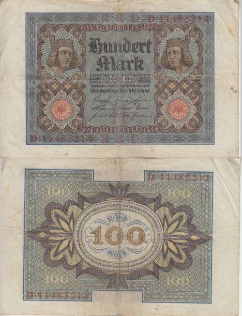 GERMANY 100 MARK REICHSBANKNOTE 1920 P69 VF (USED)
