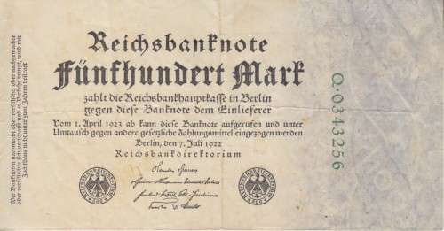GERMANY 500 MARK REICHSBANKNOTE 1922 P74a VF (USED)