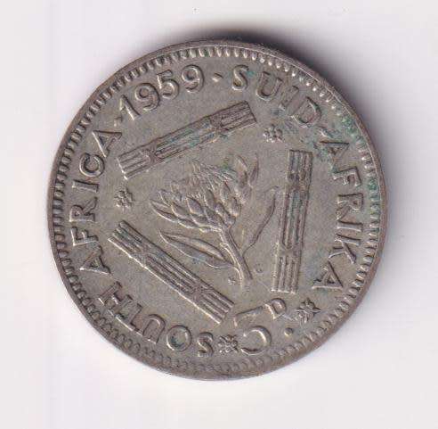 UNION OF SOUTH AFRICA 1959  TICKEY 3 PENCE (SILVER)