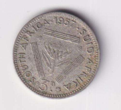 UNION OF SOUTH AFRICA 1957  TICKEY 3 PENCE (SILVER)