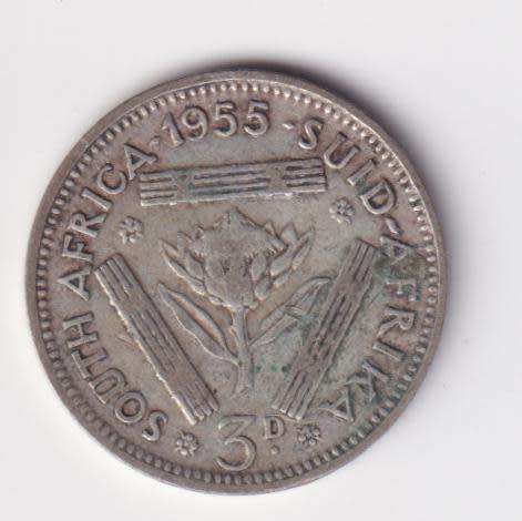 UNION OF SOUTH AFRICA 1955  TICKEY 3 PENCE (SILVER)