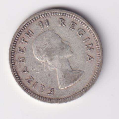 UNION OF SOUTH AFRICA 1954  TICKEY 3 PENCE (SILVER)