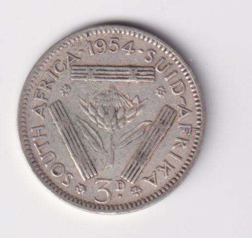 UNION OF SOUTH AFRICA 1954  TICKEY 3 PENCE (SILVER)