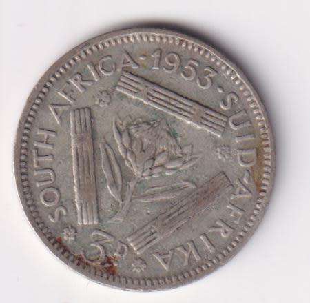UNION OF SOUTH AFRICA 1953  TICKEY 3 PENCE (SILVER)