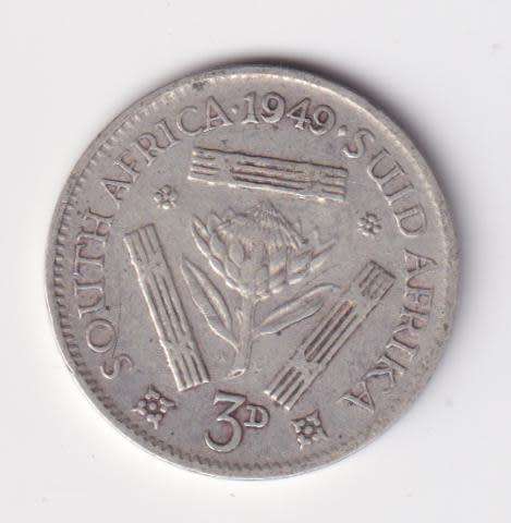 UNION OF SOUTH AFRICA 1949  TICKEY 3 PENCE (SILVER)