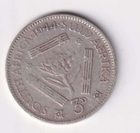 UNION OF SOUTH AFRICA 1944 TICKEY 3 PENCE (SILVER)