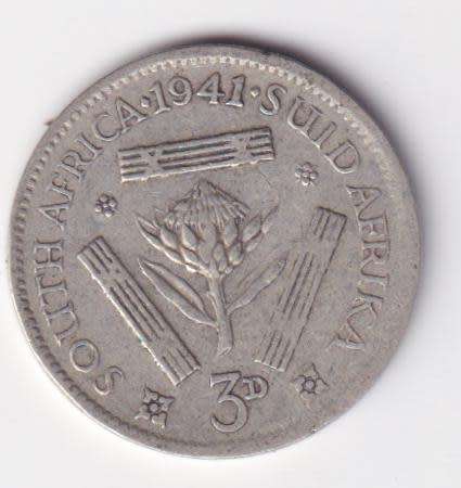 UNION OF SOUTH AFRICA 1941 TICKEY 3 PENCE (SILVER)