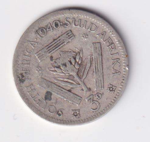 UNION OF SOUTH AFRICA 1940 TICKEY 3 PENCE (SILVER)