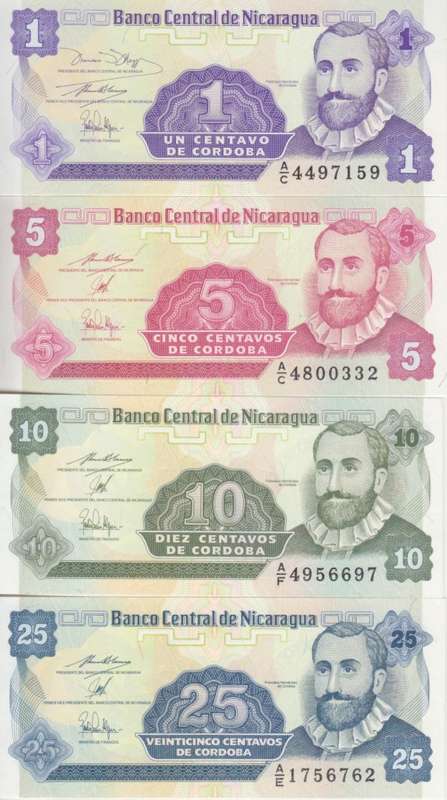 NICARAGUA 1, 5, 10, 25 Centavo Banknote, 1991 ND, P-167/8/9/10 UNC