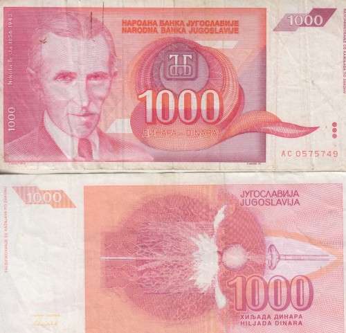 YUGOSLAVIA 1000 DINARA 1992 P114 F - NICOLA TESLA
