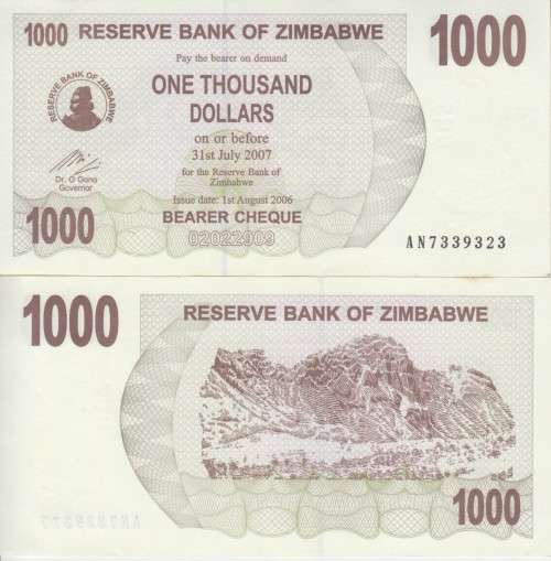 ZIMBABWE 1000 DOLLARS P44 2006 A-UNC
