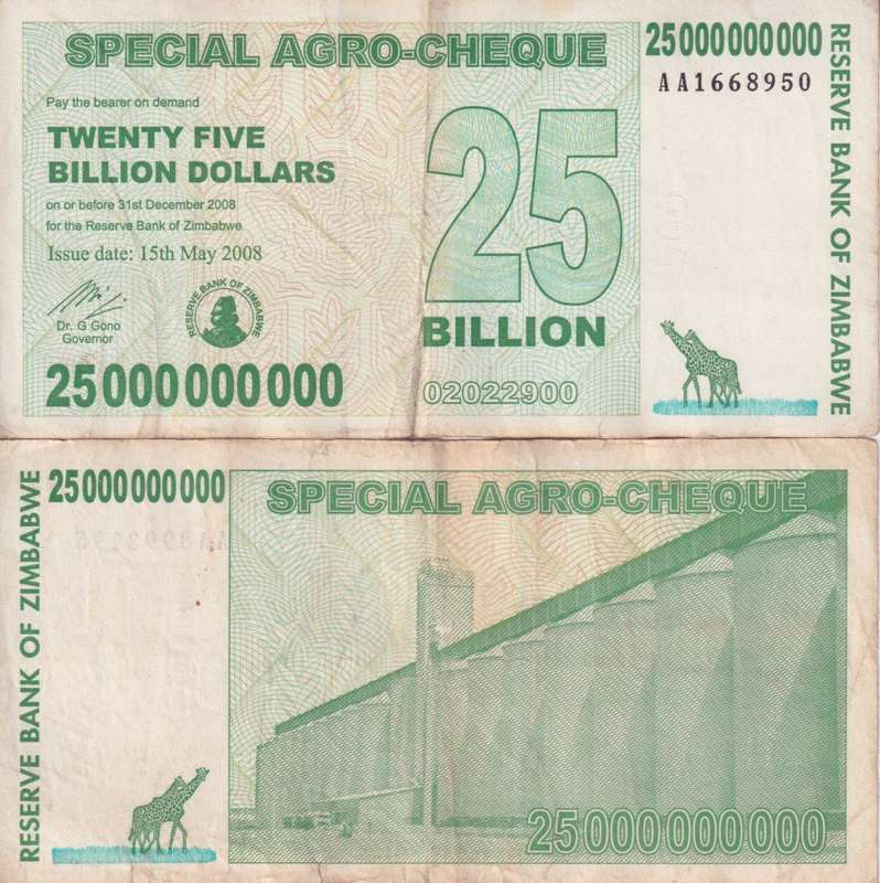 Zimbabwe 25 Billion Dollars SPECIAL AGRO CHEQUE  2008 P62 VF
