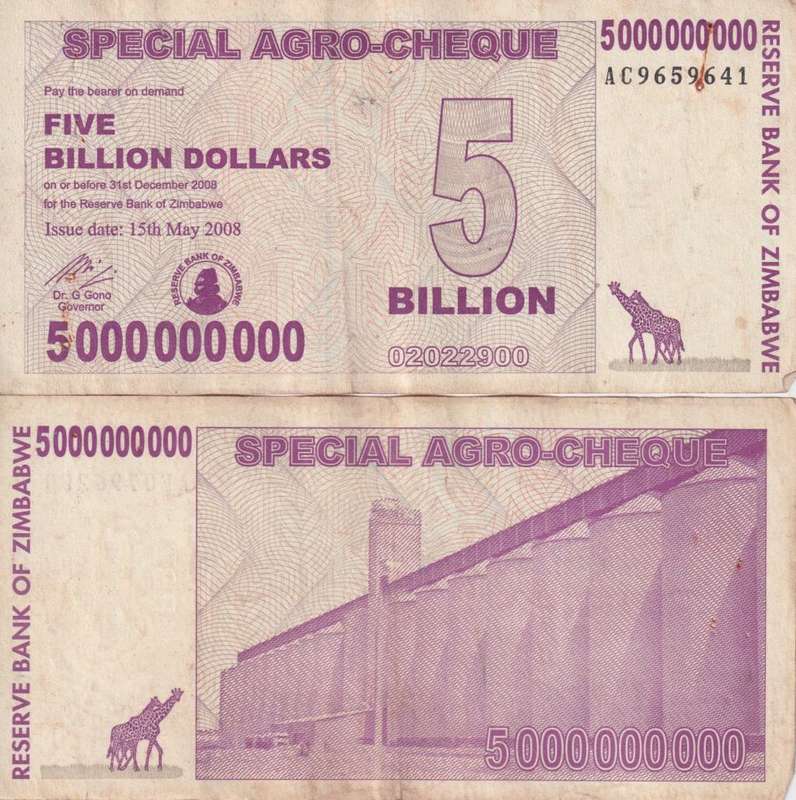 Zimbabwe 5 Billion Dollars SPECIAL AGRO CHEQUE  2008 P61 VF (USED)