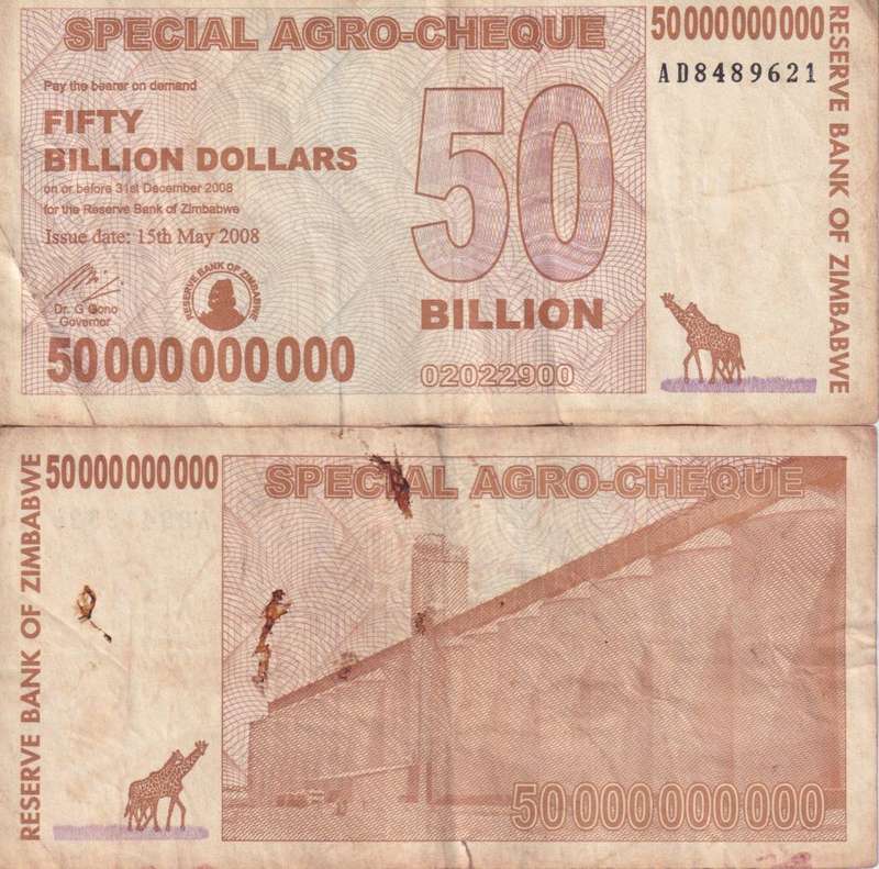 Zimbabwe 50 Billion Dollars SPECIAL AGRO CHEQUE  2008 P63 VF