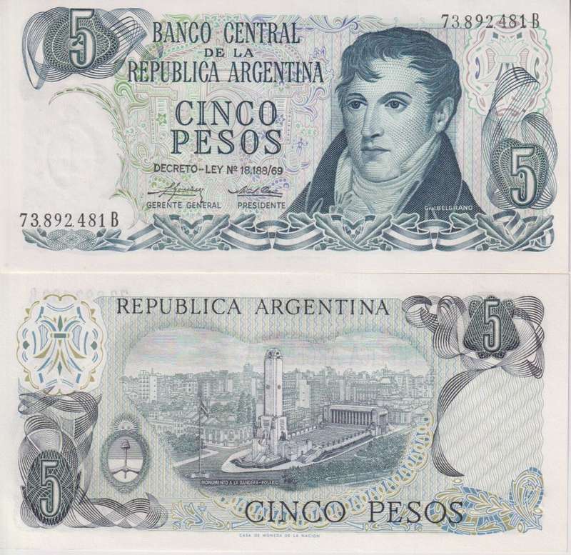 Argentina 5 Pesos 1974-1976 P-294a.2 UNC