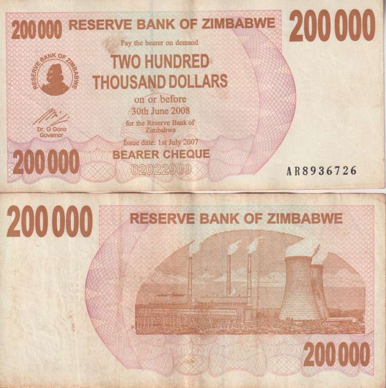 Zimbabwe 200,000 Dollars Bearer Cheque 2007 P-49 VF