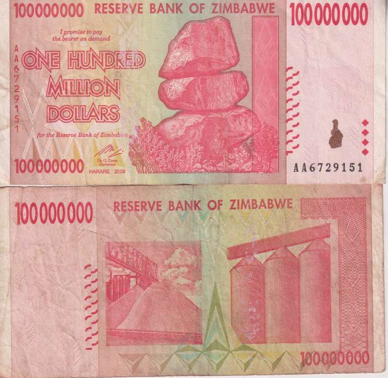 Zimbabwe 100 Million Dollars 2008 P-80 VF