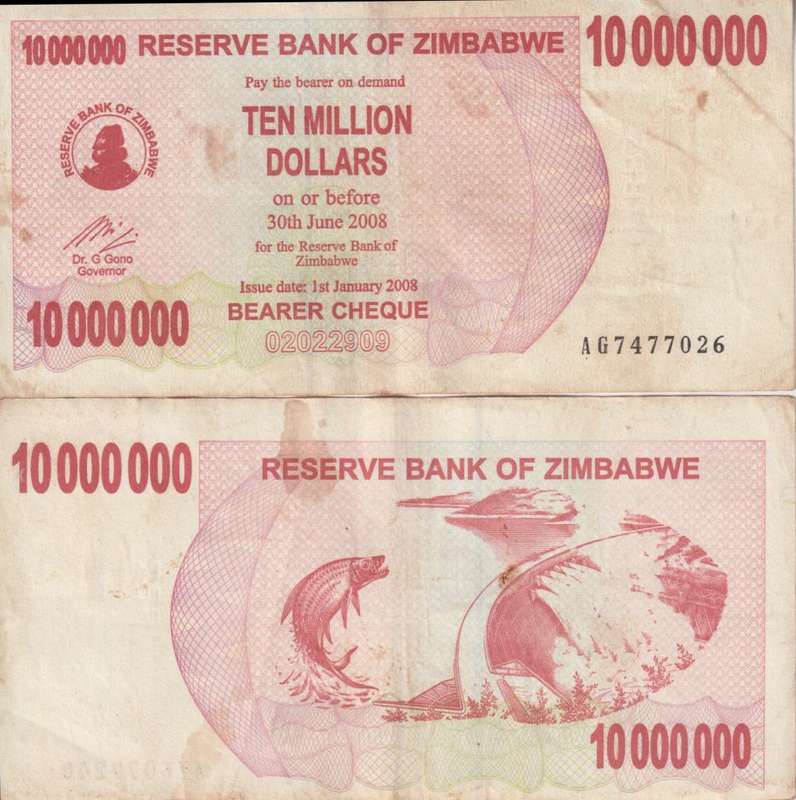 Zimbabwe 10 Million Dollars Bearer Cheque,2008 P-55 VF