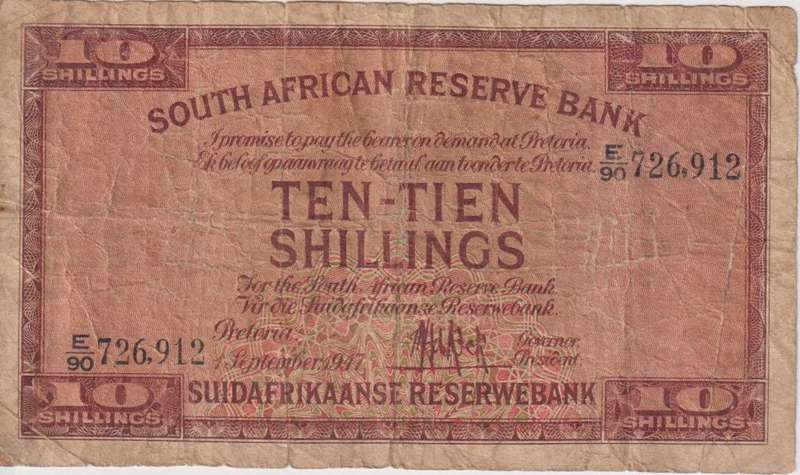SOUTH AFRICA - M.H.De Kock 10 SHILLINGS 1st ISSUE 1947 P82es  F