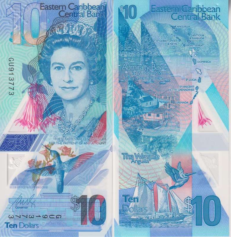 East Caribbean States 10 Dollars P 56a 2019 Polymer UNC Queen Elizabeth II