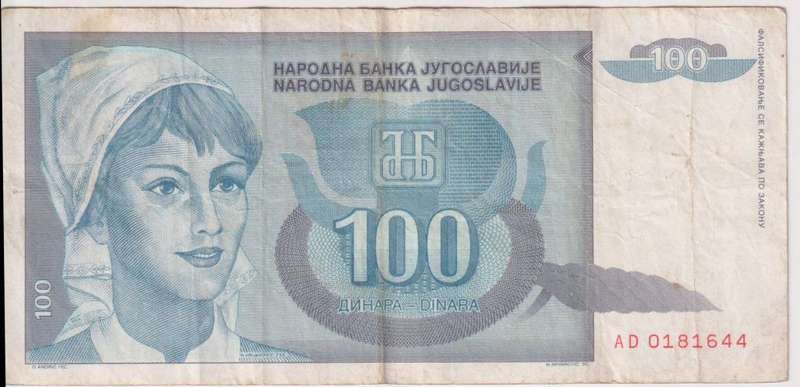 YUGOSLAVIA 100 DINARA 1992 P112  VF