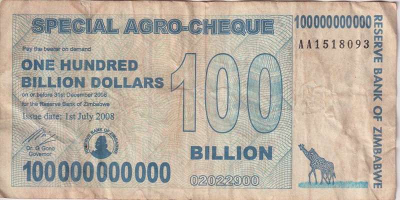 CLEARANCE!! Zimbabwe 100 Billion Dollars SPECIAL AGRO CHEQUE  2008 P64 F-VG - SEE SCAN