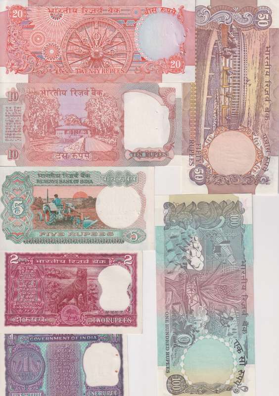 INDIA SET OF 7 NOTES 1 2 5 10 20 50 100 RUPEE UNC (PIN HOLES)
