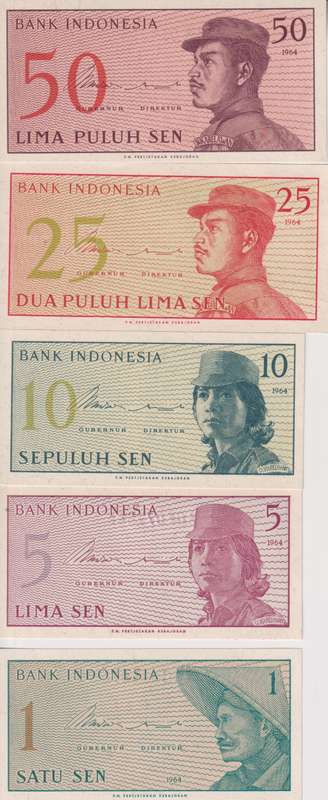NDONESIA SET 1 5 10 25 50 SEN 1964 P 90 91 92 93 94 UNC