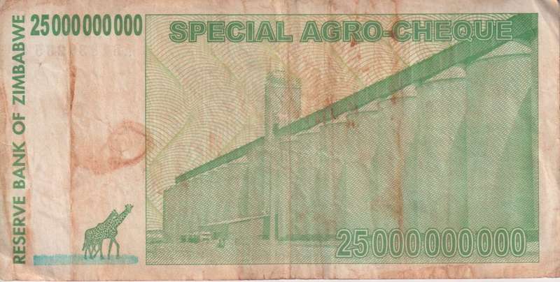 Zimbabwe 25 Billion Dollars SPECIAL AGRO CHEQUE  2008 P62 F-VG