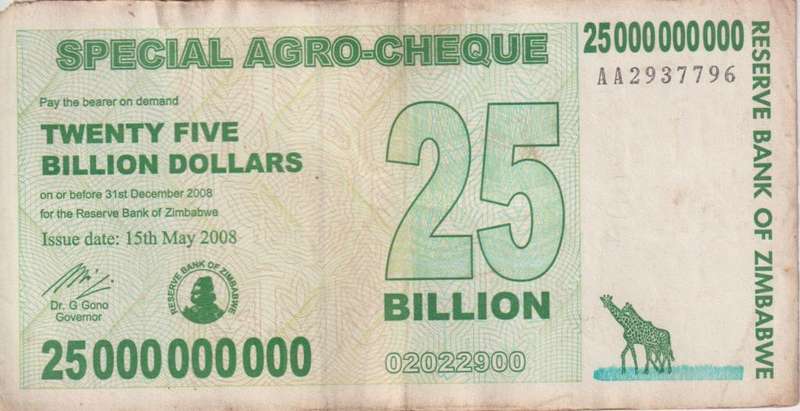 Zimbabwe 25 Billion Dollars SPECIAL AGRO CHEQUE  2008 P62 F-VG