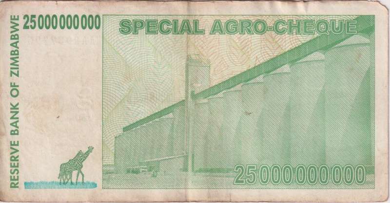 Zimbabwe 25 Billion Dollars SPECIAL AGRO CHEQUE  2008 P62 F-VG
