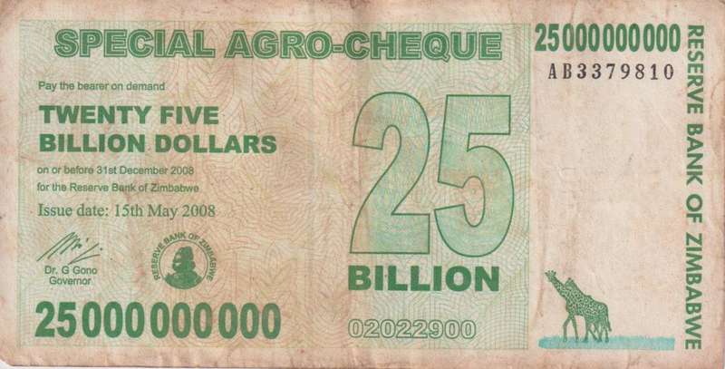 Zimbabwe 25 Billion Dollars SPECIAL AGRO CHEQUE  2008 P62 F-VG