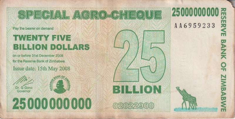 Zimbabwe 25 Billion Dollars SPECIAL AGRO CHEQUE  2008 P62 F-VG