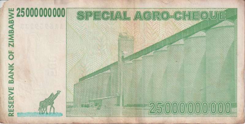 Zimbabwe 25 Billion Dollars SPECIAL AGRO CHEQUE  2008 P62 F-VG