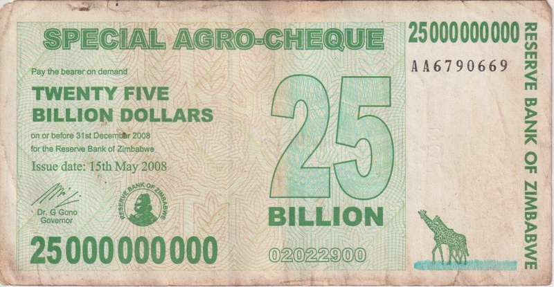 Zimbabwe 25 Billion Dollars SPECIAL AGRO CHEQUE  2008 P62 F-VG