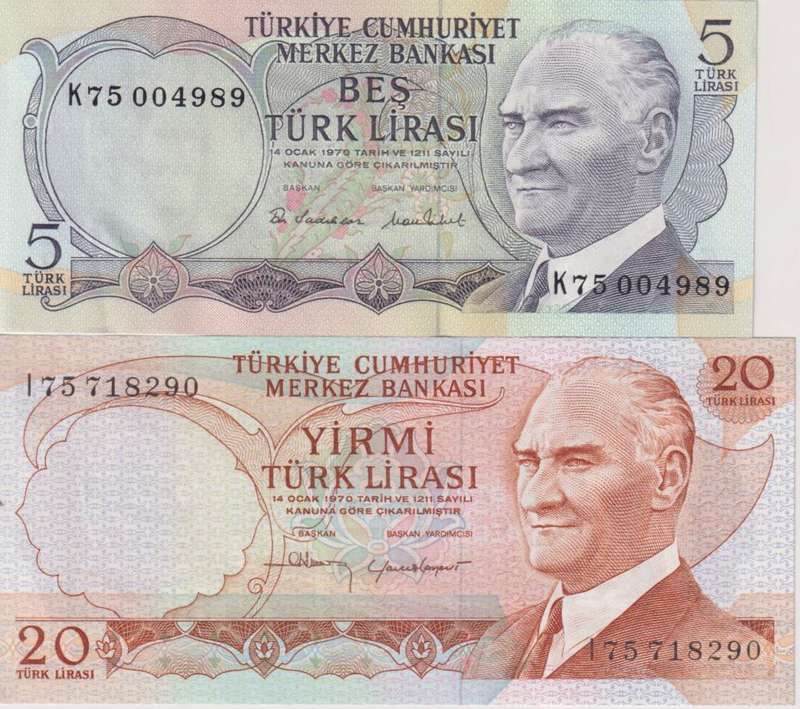 2 x Turkey Banknotes 5 & 20 Lira  1970 UNC ATATURK