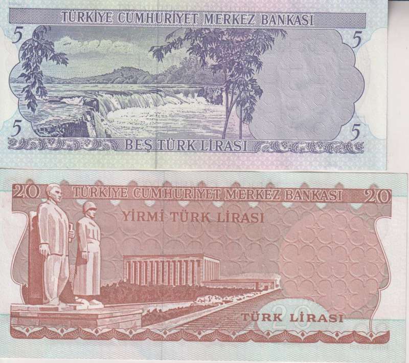 2 x Turkey Banknotes 5 & 20 Lira  1970 UNC ATATURK