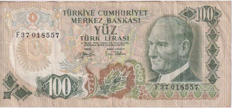 Turkey, 100 Lira, L. 1970  P-189 VF Mt. Ararat on back